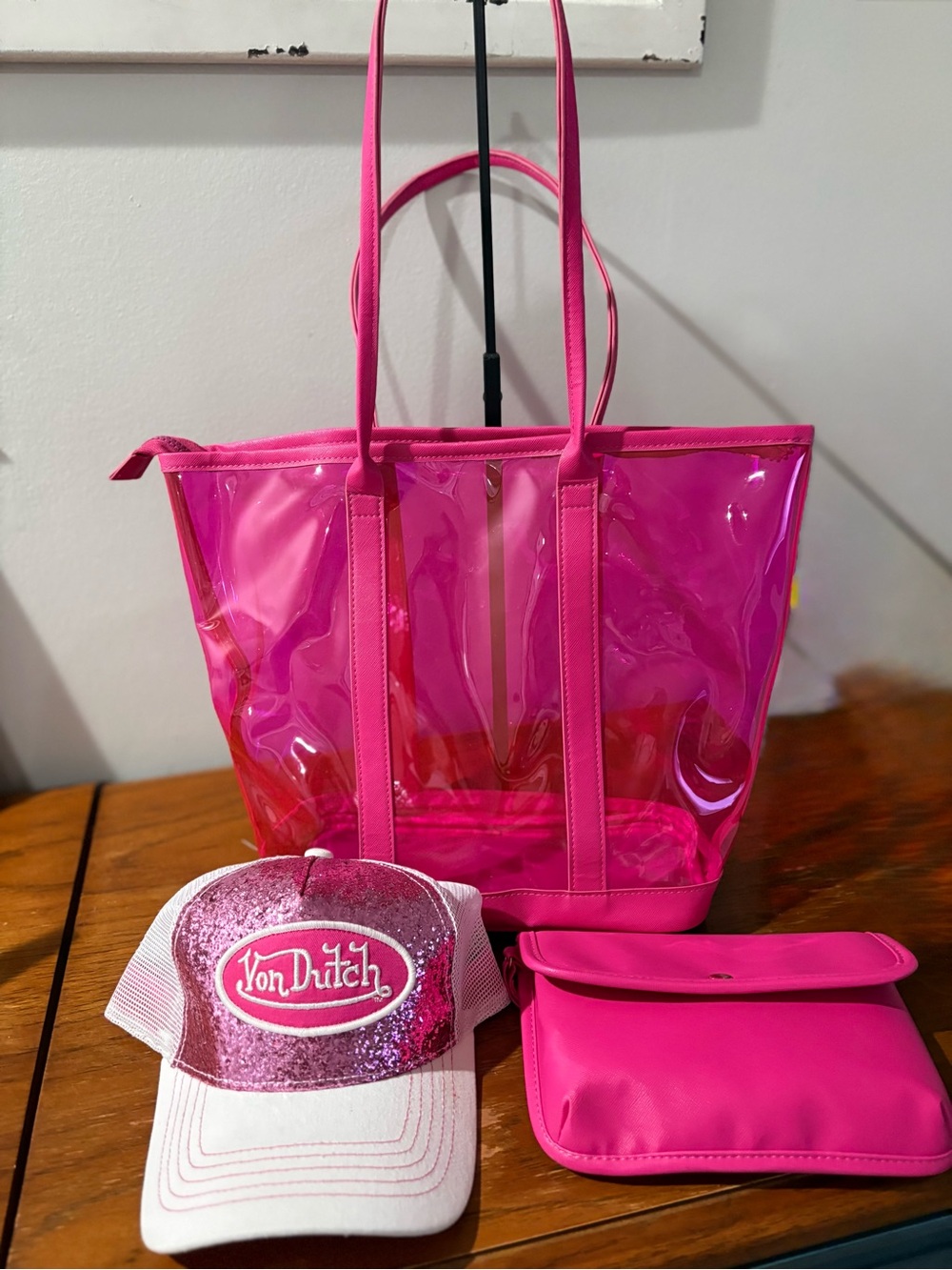 Pink Clear Tote Bag with Pouch & Von Dutch Hat Bundle